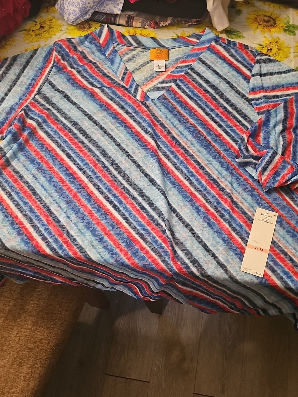 Ruby Rd. Striped V-Neck Tee in Blue, Red & White